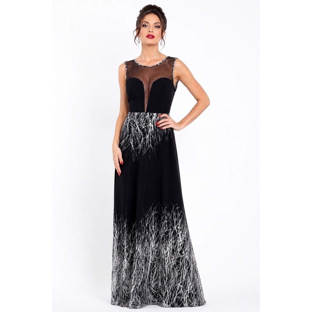 Japonica Womens‎ Black White Branch Print Mesh Illusion Maxi Dress Size M